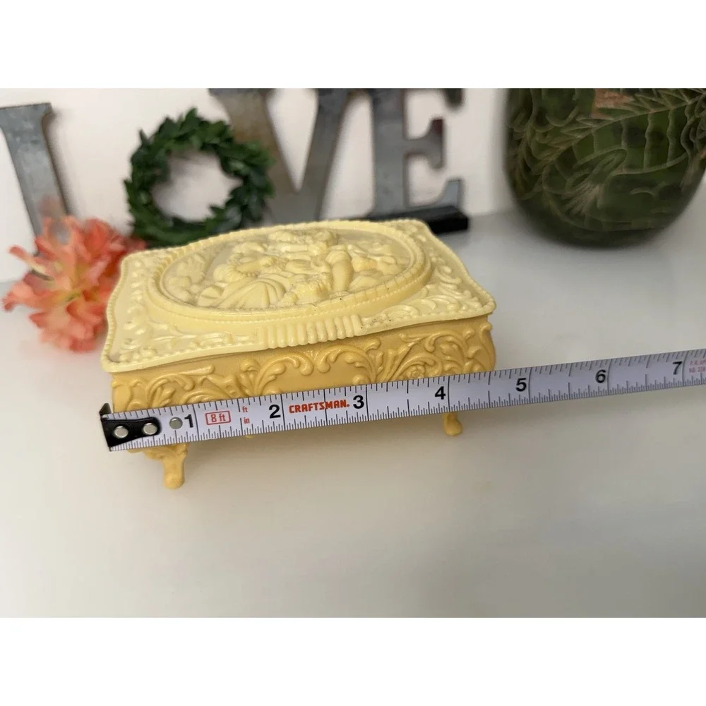 Vintage Celluloid Plastic Jewelry Trinket Box Beige Victorian Style MCM 4.5